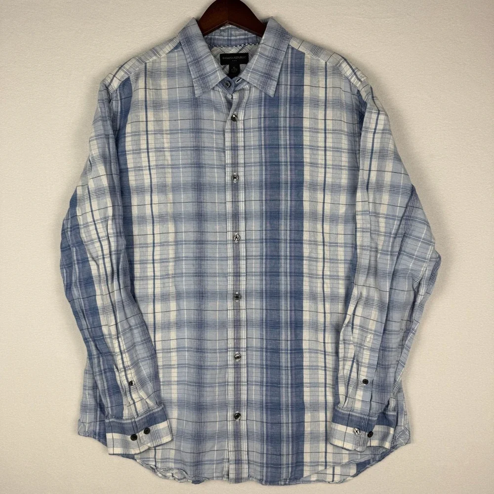 Banana Republic Linen Blend Shirt Mens XL Blue Plaid Long Sleeve‎ Button Up